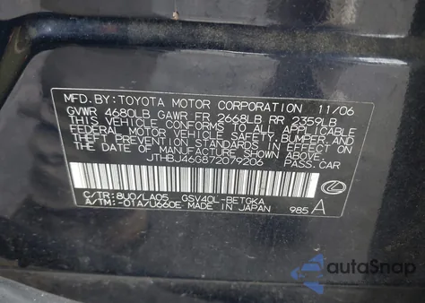 2007 Lexus Es 350 z USA, uszkodzony, nr VIN JTHBJ46G872079206